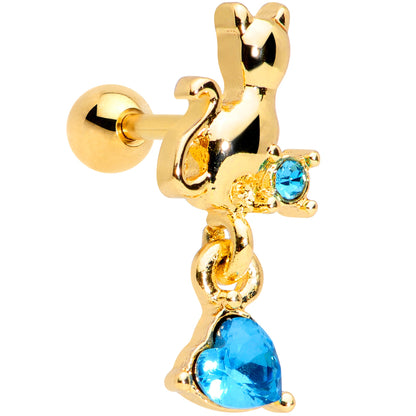 16G 1/4 Blue Gem Gold Tone Cat Heart Dangle Cartilage Tragus