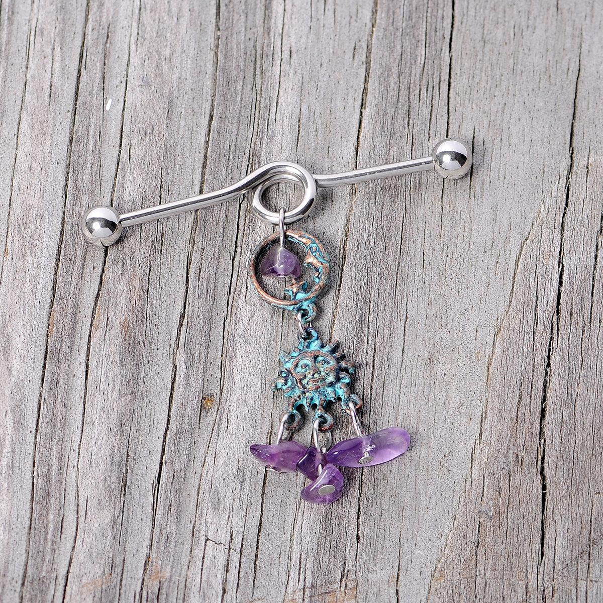 14G Purple Gem Solstice Sun Moon Dangle Halloween Industrial Barbell 38mm