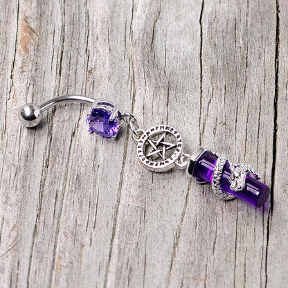 Purple CZ Gem Witch Way Dragon Pentagram Dangle Belly Ring