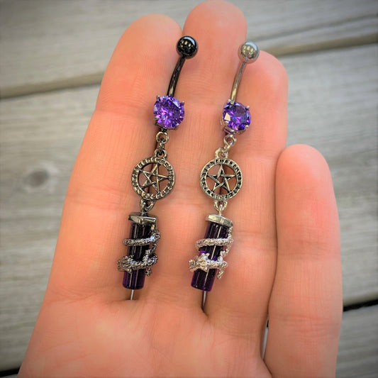 Purple CZ Gem Black Witch Way Dragon Pentagram Dangle Belly Ring