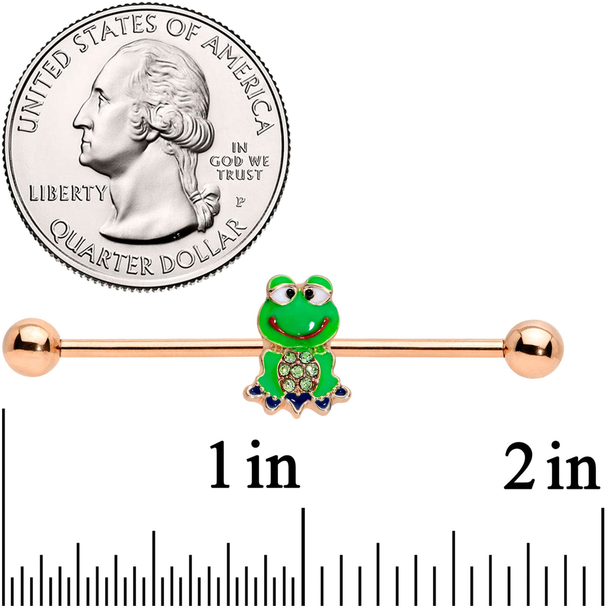 14G Green Gem Rose Gold Tone Green Frog Industrial Barbell 38mm