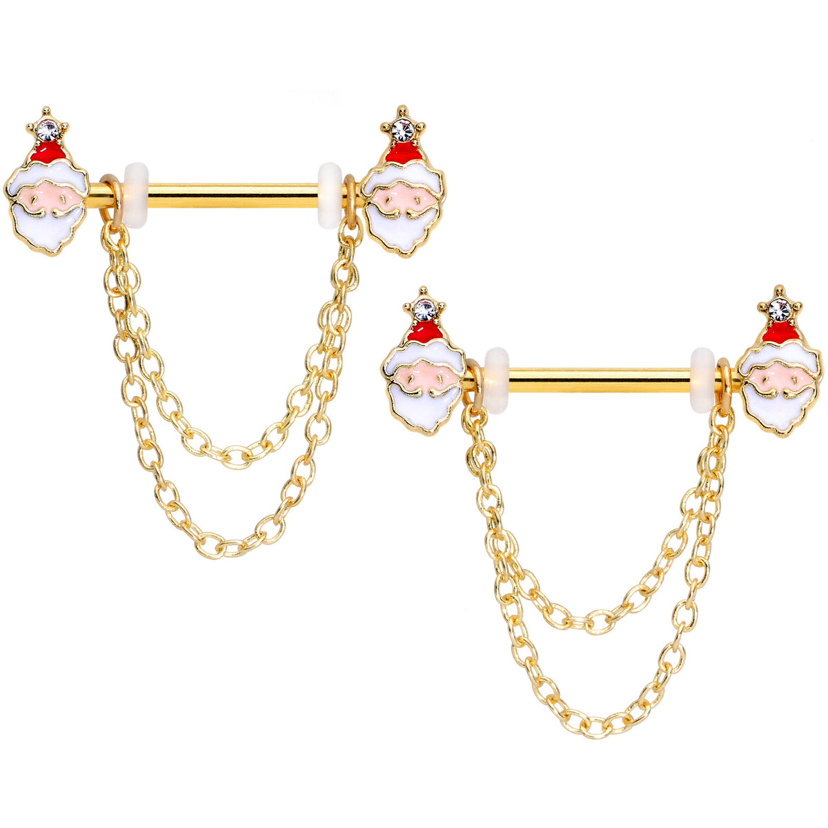 14G 5/8 Clear Gem Gold Tone Santa Dangle Nipple Ring Set