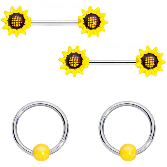 14G 9/16 1/2 Yellow Sunflower UV BCR Barbell Nipple Ring Set of 4