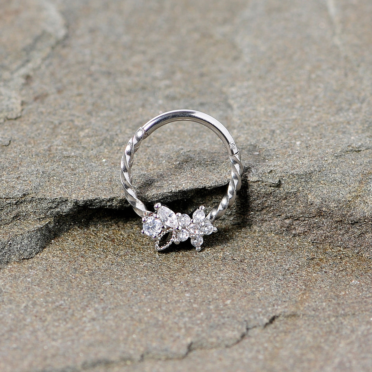 16G 3/8 Clear Gem Star Twisted Hinged Segment Ring