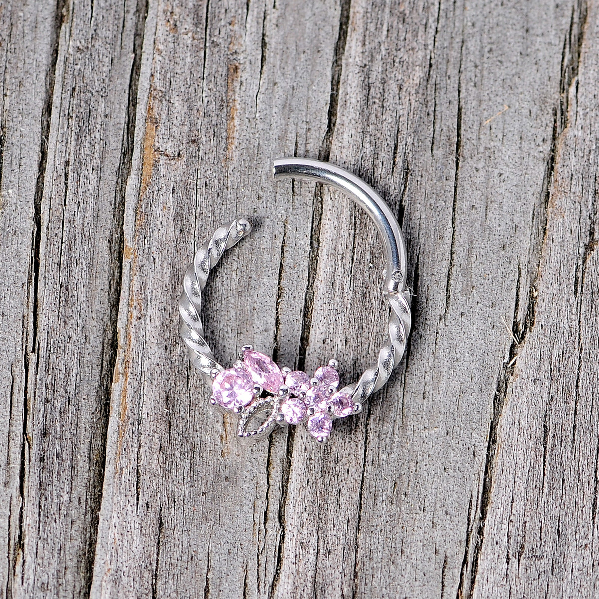 16G 3/8 Pink Gem Star Twisted Hinged Segment Ring