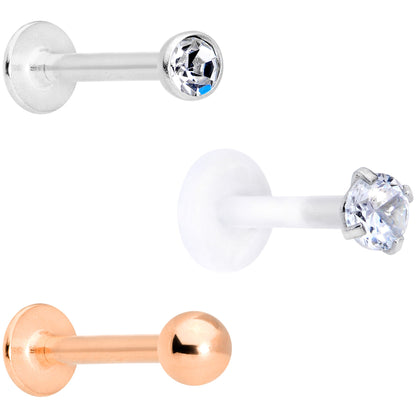 16G 5/16 Clear CZ Gem Rose Gold Tone Bioplast Labret Set of 3