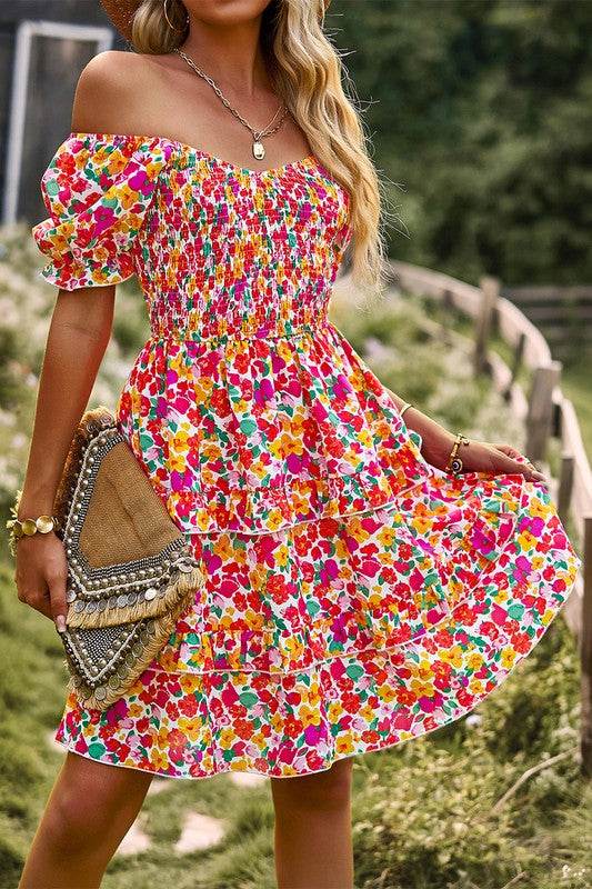 Floral Print Off Shoulder Flounce Sleeve Ruffle He