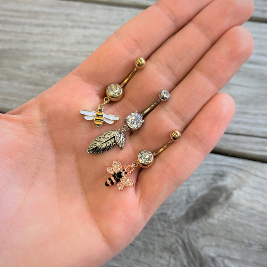 Clear Gem Gold Tone Striped Bee Dangle Belly Ring