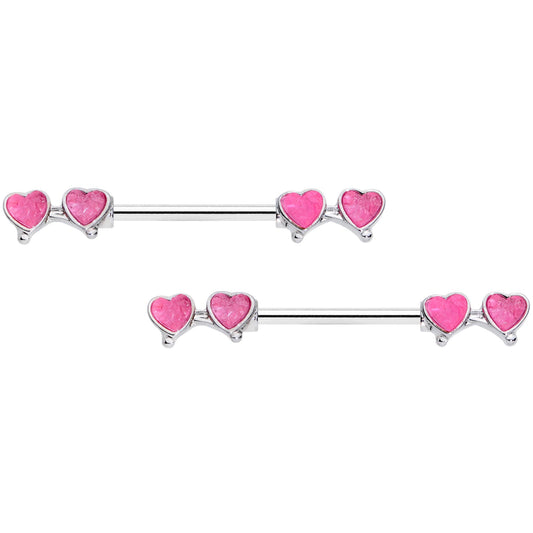 14G 9/16 Pink Double Hearts Barbell Nipple Ring Set