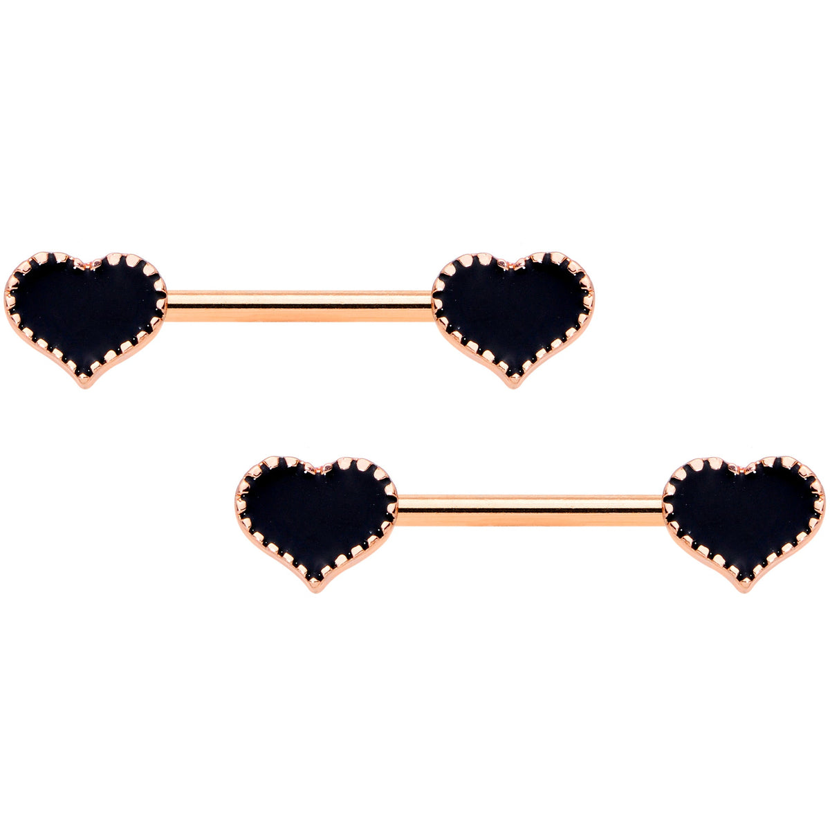 14G 9/16 Rose Gold Tone Black Heart Barbell Nipple Ring Set