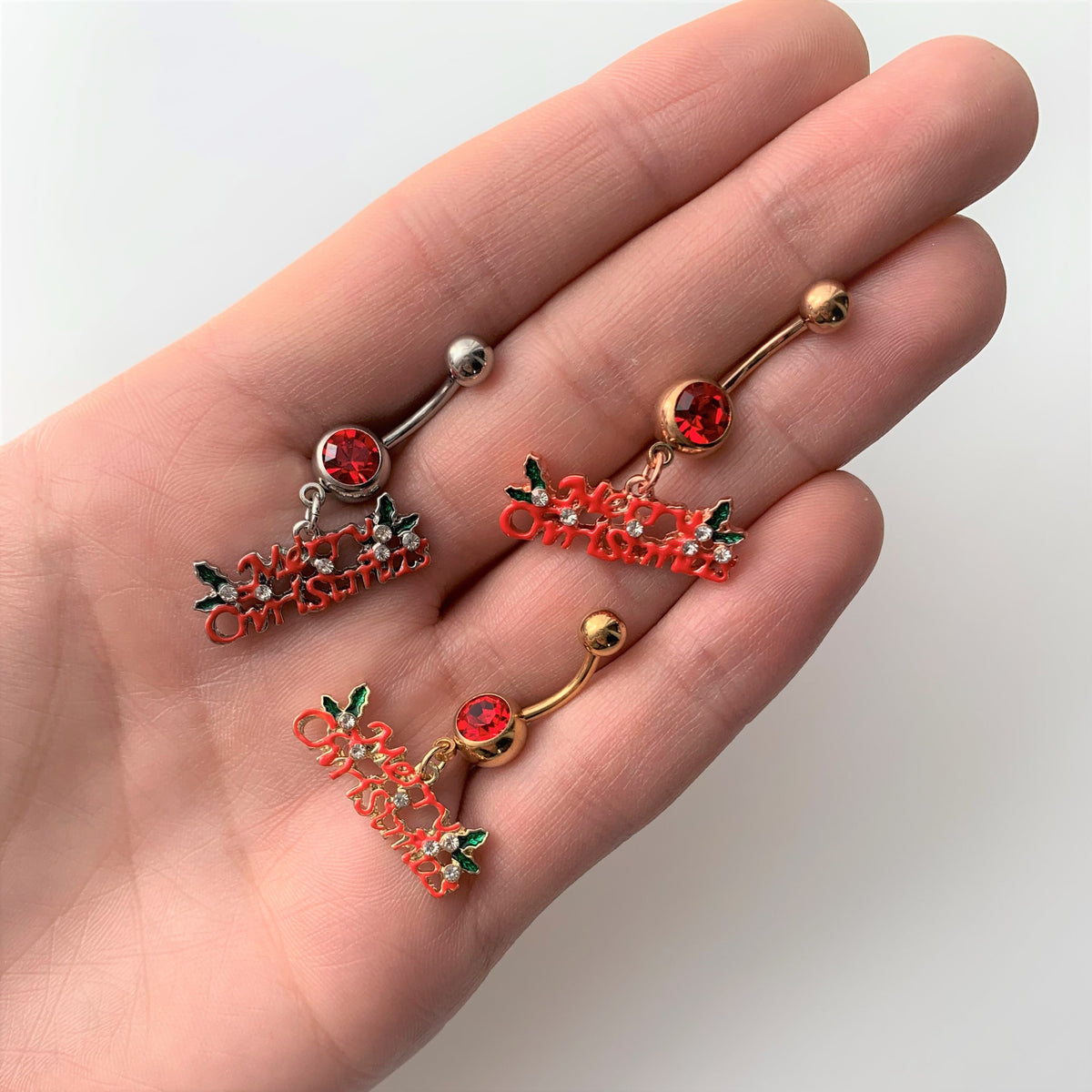 Red Gem Rose Gold Tone Merry Christmas Dangle Belly Ring