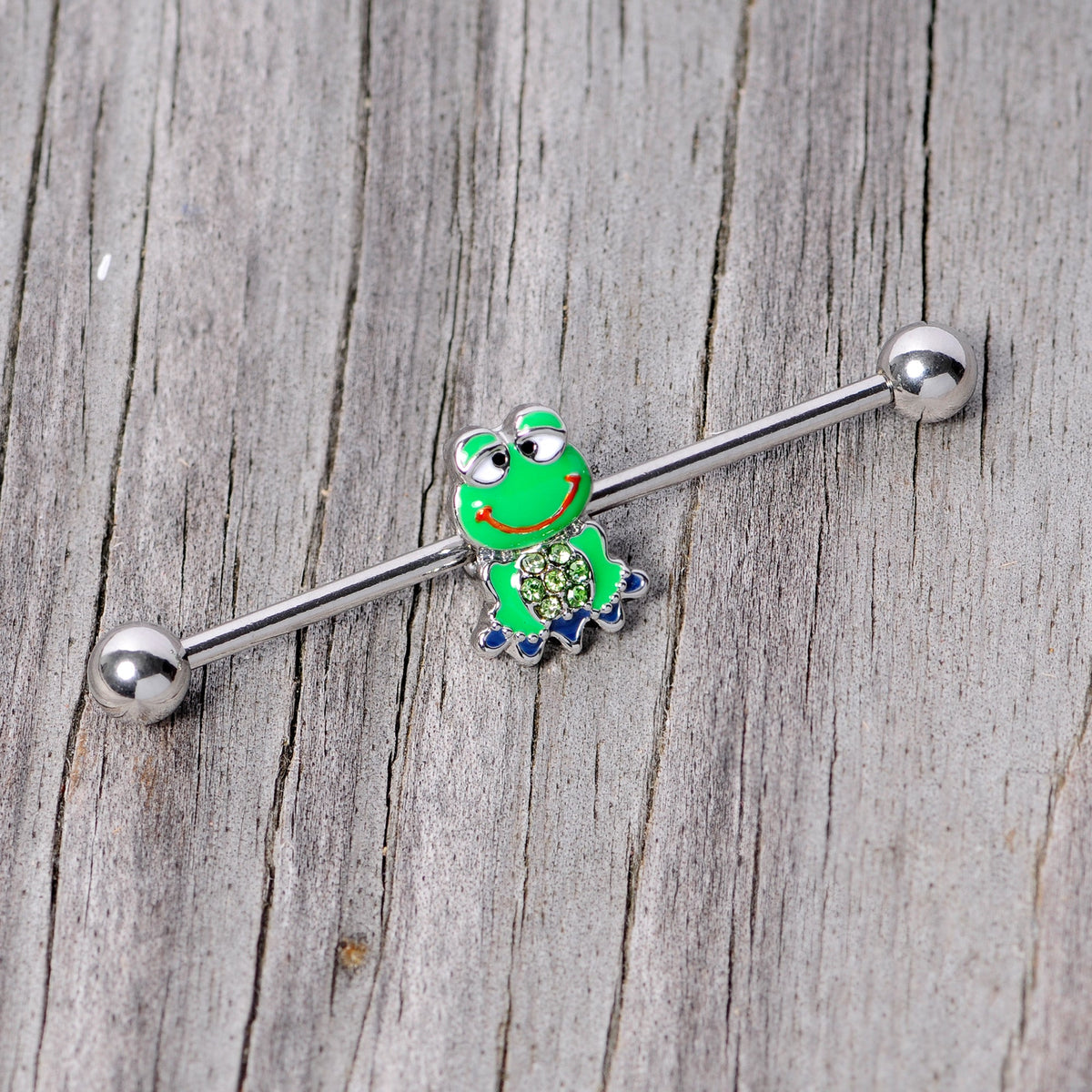 14G Green Gem Green Goofy Frog Industrial Barbell 38mm
