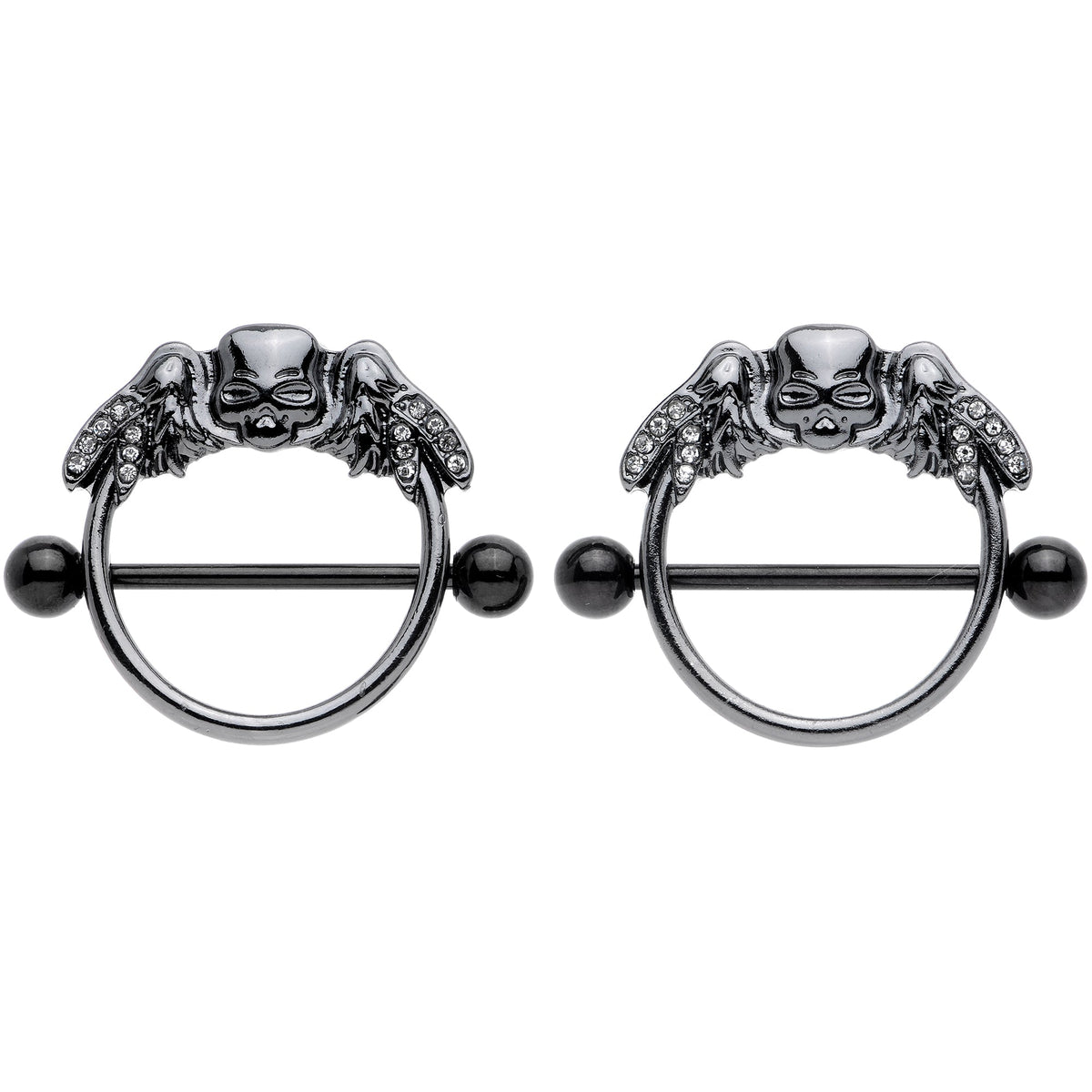 14G 7/8 Clear Gem Black Winged Skull Halloween Nipple Shield Set