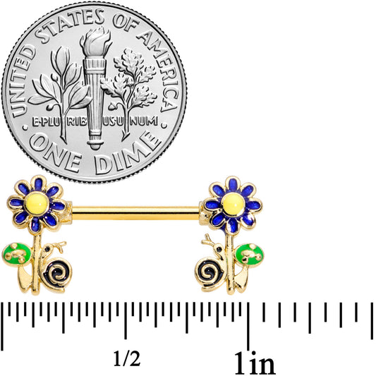 14G 9/16 Gold Tone Snail Flower Barbell Nipple Ring Set