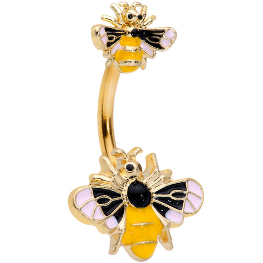 Gold Tone Yellow Pink Black Bee Double Mount Belly Ring