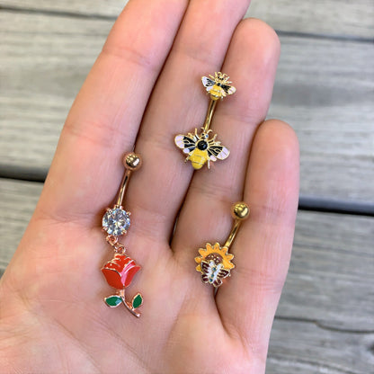 Gold Tone Yellow Pink Black Bee Double Mount Belly Ring