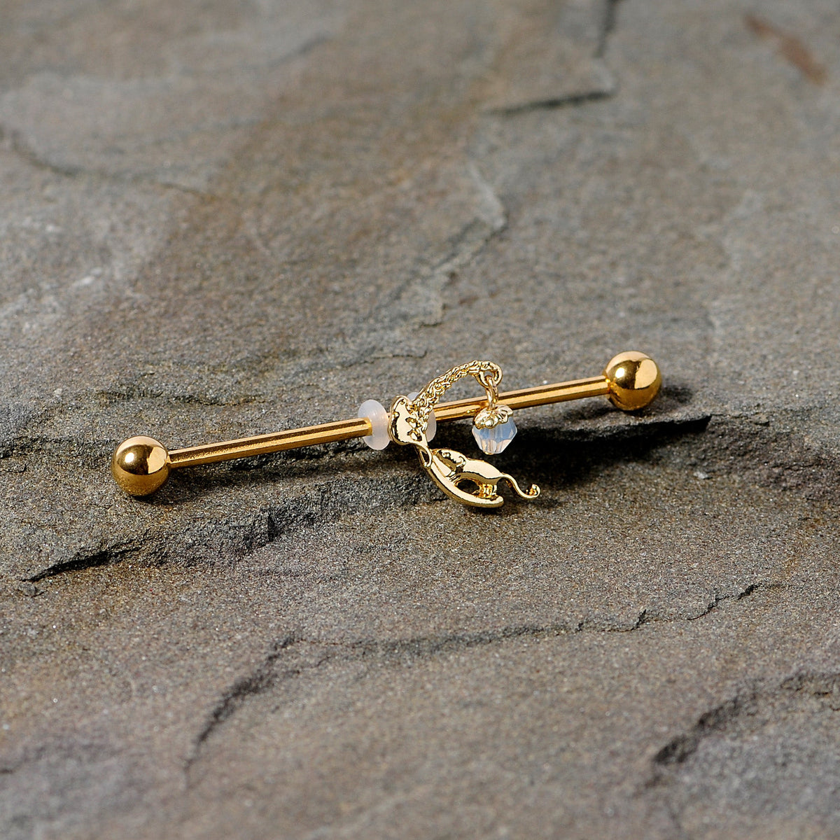 14G Clear Gem Gold Tone Mouse Moon Industrial Barbell 38mm