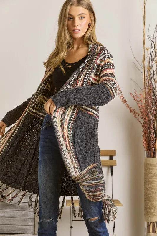 ADORA Full Size Fringe Hem Aztec Cardigan Plus Size