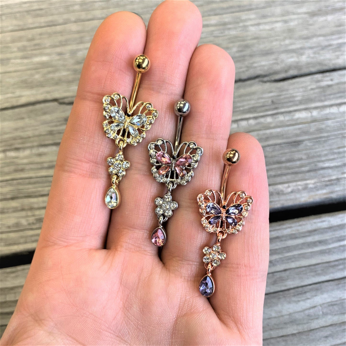 Purple Gem Rose Gold Tone Lacy Butterfly Flower Drop Dangle Belly Ring