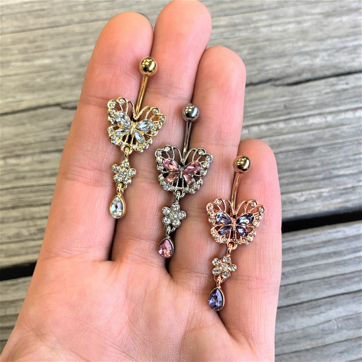 Clear Pink Gem Lacy Butterfly Flower Drop Dangle Belly Ring