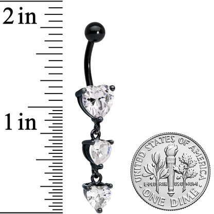 Clear CZ Gem Black Triple Heart Dangle Belly Ring