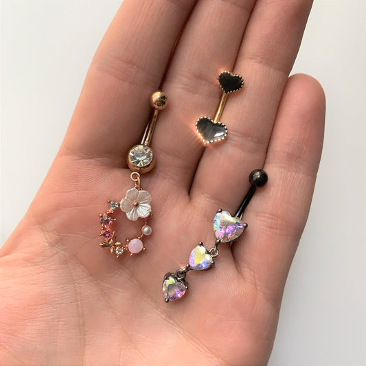 Aurora CZ Gem Black Triple Heart Dangle Belly Ring