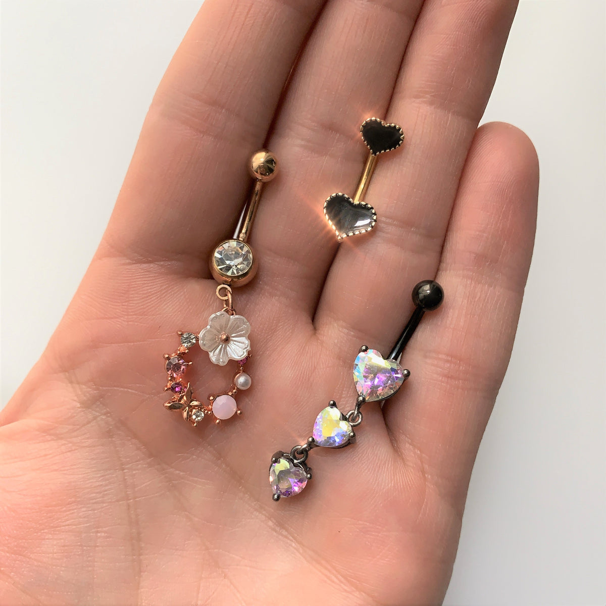 Pink CZ Gem Black Triple Heart Dangle Belly Ring