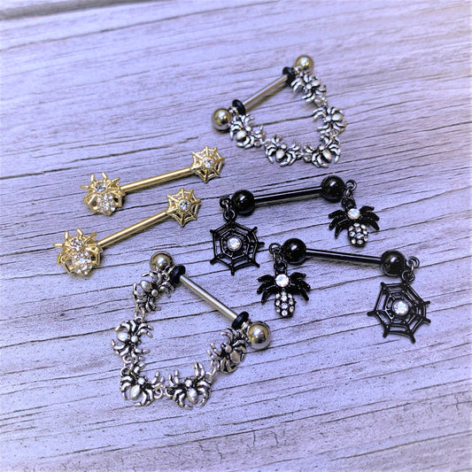 14G 9/16 Clear Gem Black Spider Web Dangle Barbell Nipple Ring Set