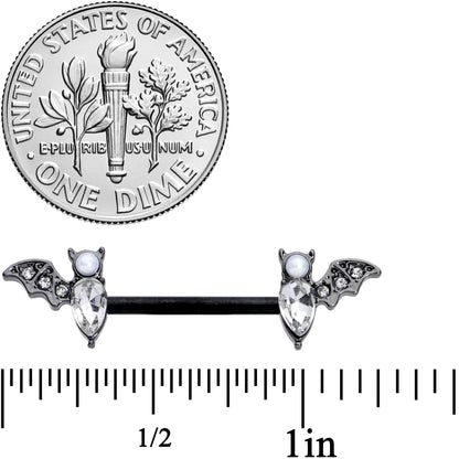 14G 9/16 Clear Gem Black Bat Halloween Barbell Nipple Ring Set