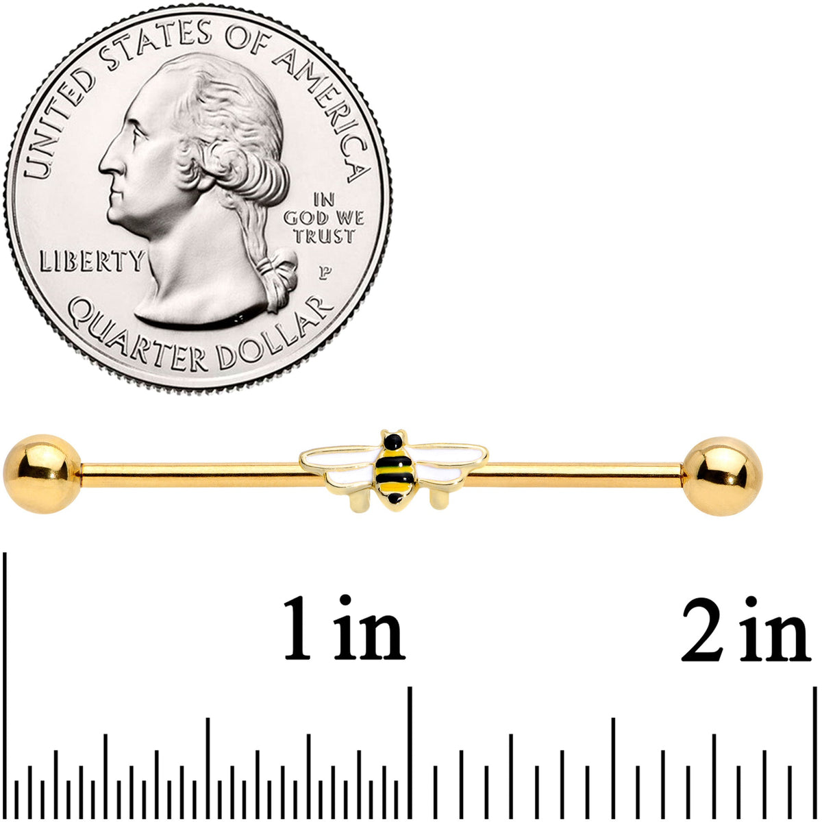 14G Gold Tone Black White Striped Bee Industrial Barbell 38mm