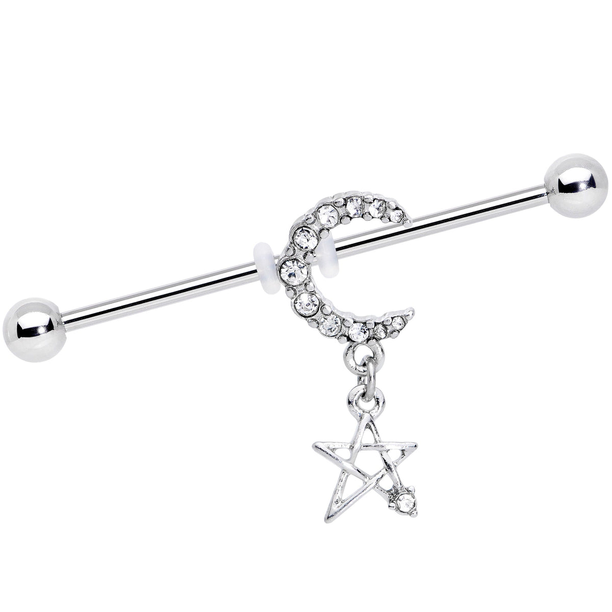14G Clear Gem Moon Star Dangle Industrial Barbell 38mm