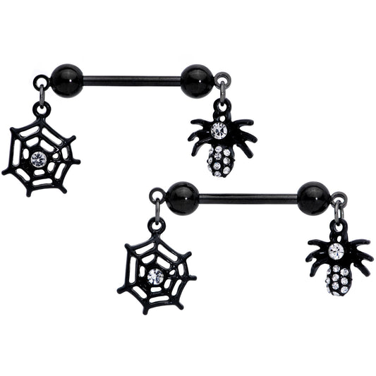14G 9/16 Clear Gem Black Spider Web Dangle Barbell Nipple Ring Set