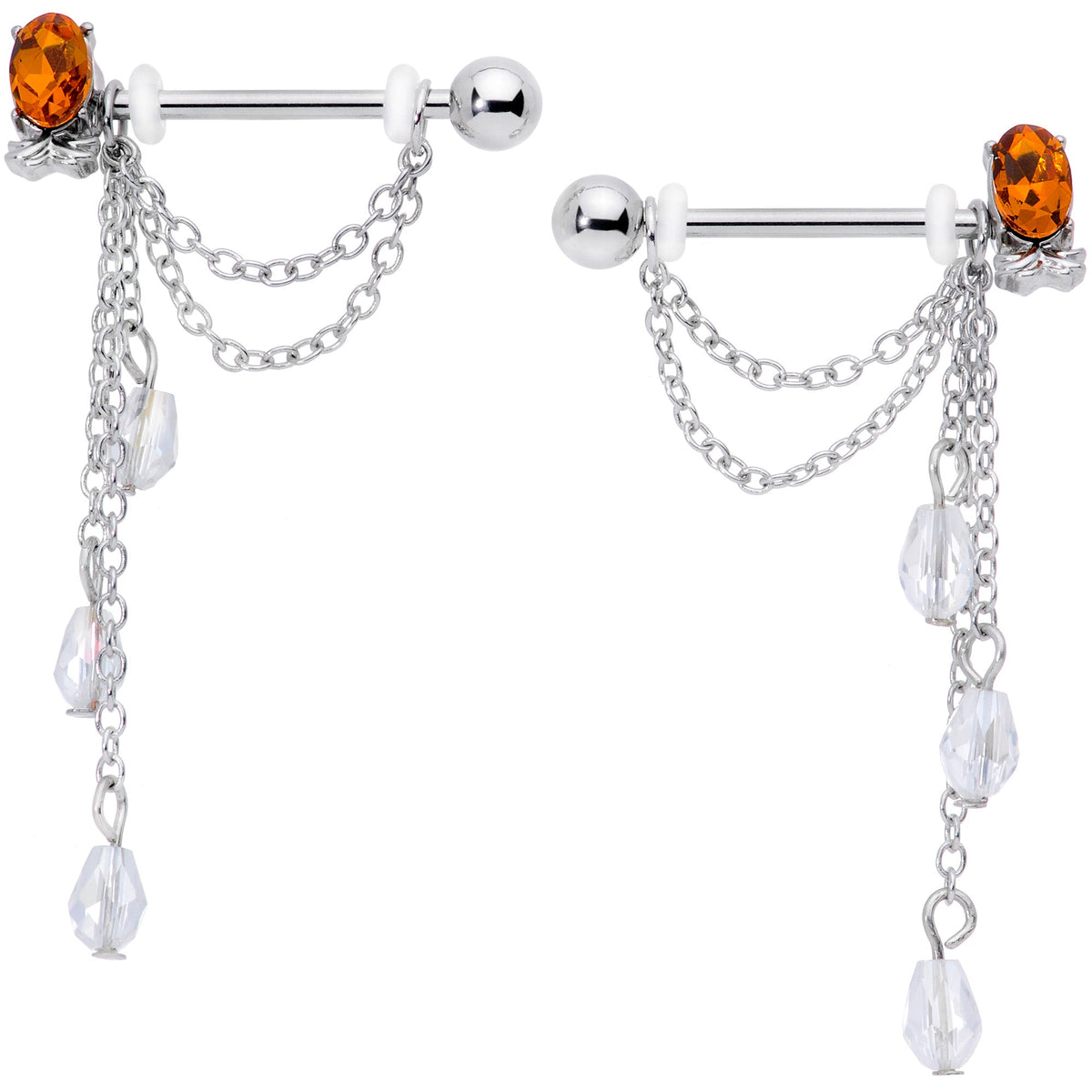 14G 9/16 Clear Orange Gem Pineapple Dangle Nipple Ring Set