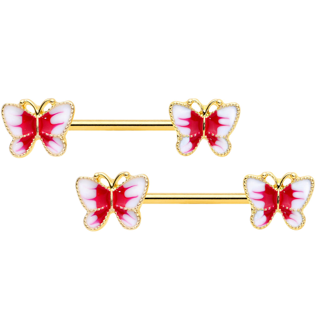 14G 9/16 Gold Tone White Red Butterfly Barbell Nipple Set