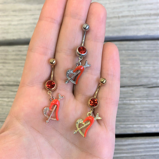 Clear Red Gem Valentine Heart Dangle Belly Ring