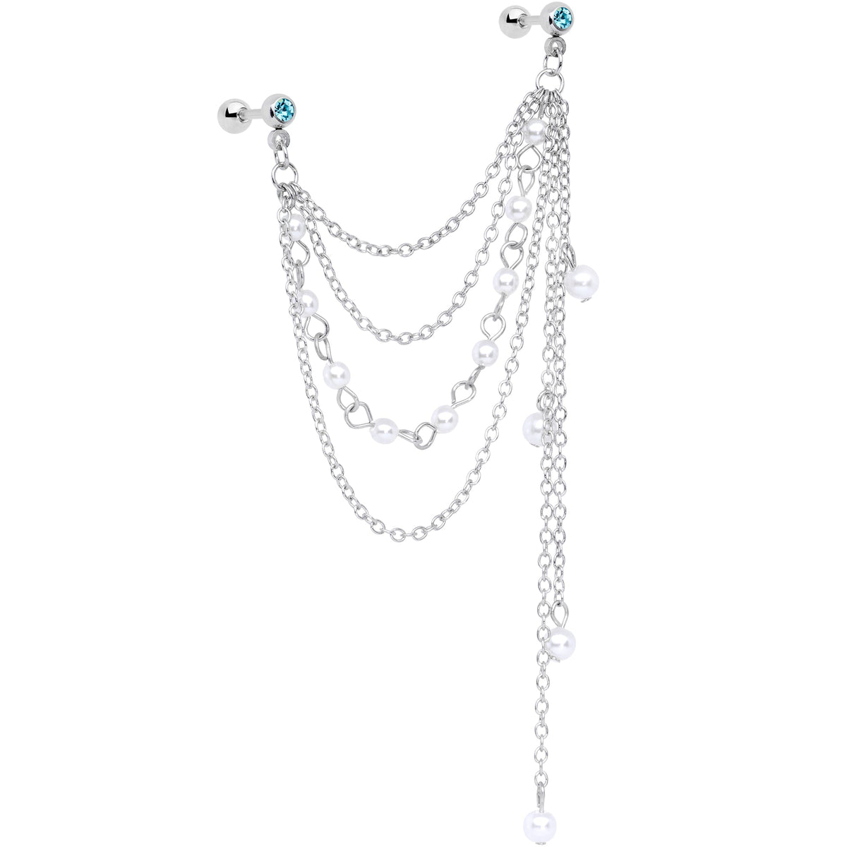 16G 1/4 Aqua Gem Multiple Dangle Cartilage Chain Earring