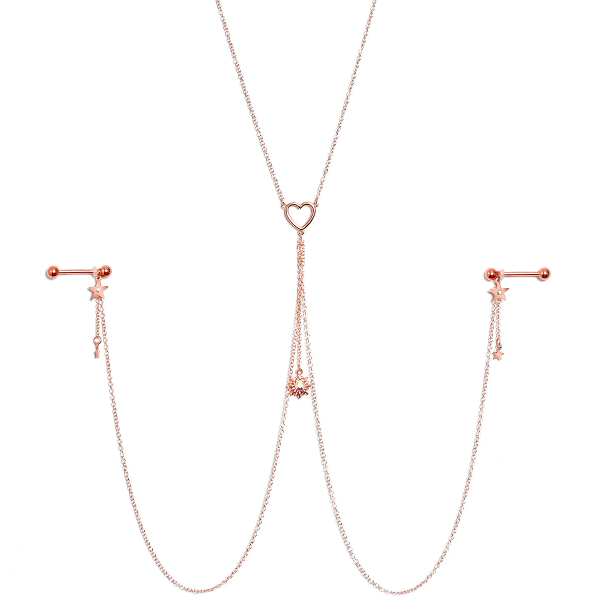14G 5/8 Aurora Gem Rose Gold Hue Star Sun Nipple Chain Necklace