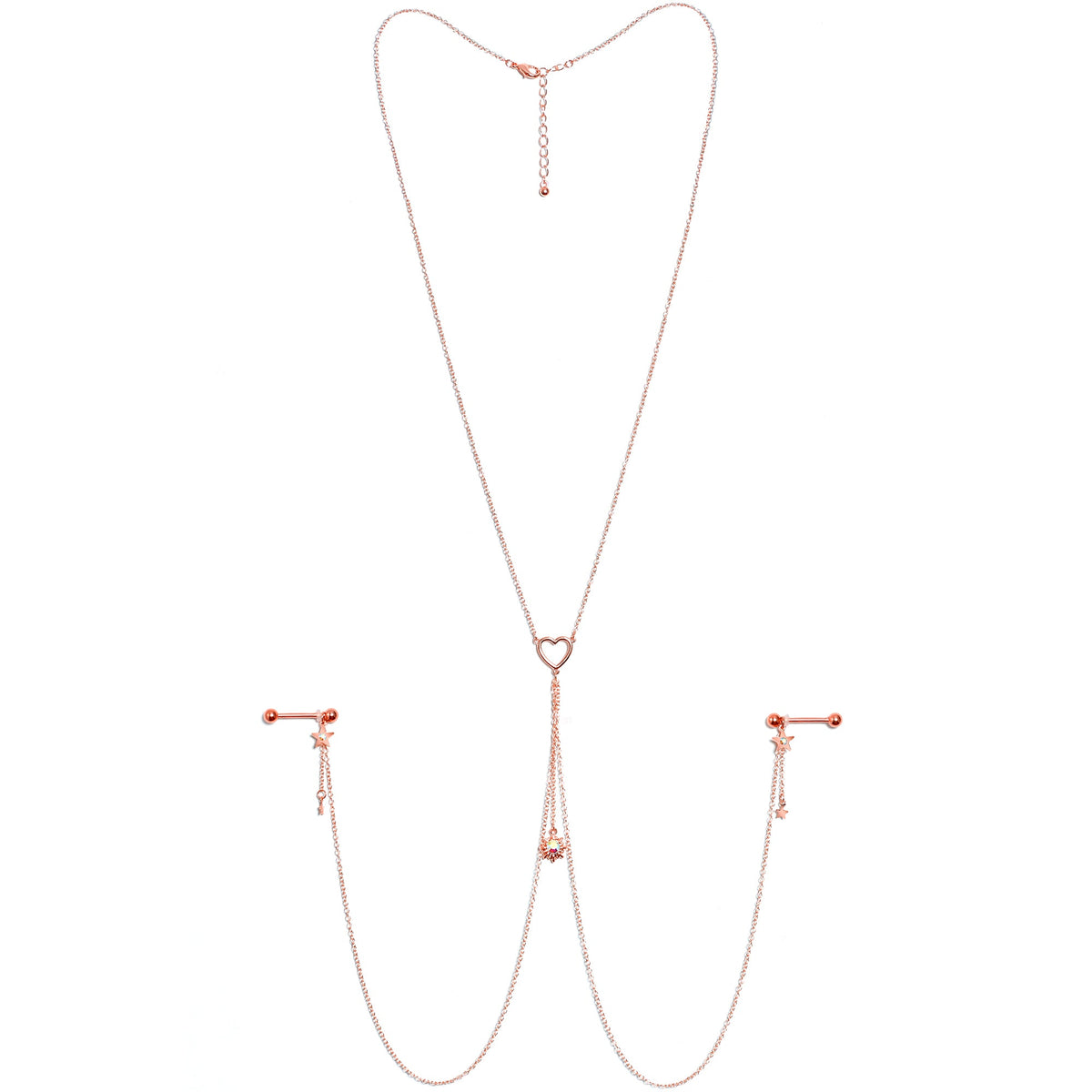 14G 5/8 Aurora Gem Rose Gold Hue Star Sun Nipple Chain Necklace