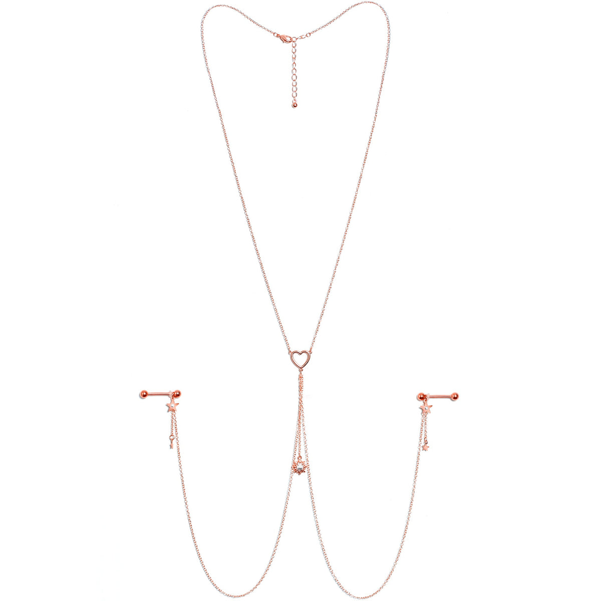 14G 5/8 Clear Gem Rose Gold Hue Star Sun Nipple Chain Necklace