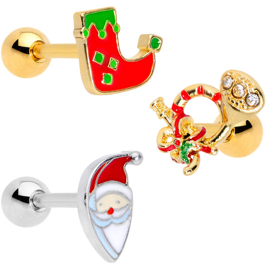 16G 1/4 Gold Tone Santa Merry Christmas Cartilage Tragus Set of 3