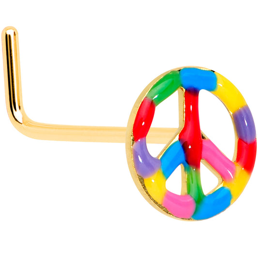 20G 5/16 Gold Tone Rainbow Hippie Peace Sign L Shaped Nose Ring