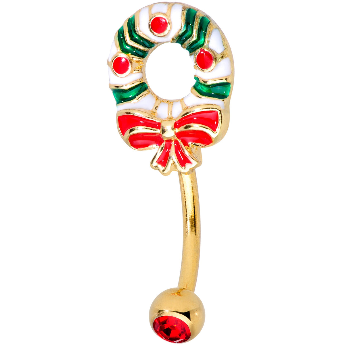 Red Gem Gold Tone Holiday Wreath Christmas Top Mount Belly Ring