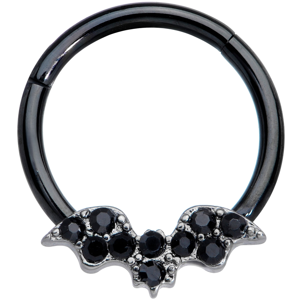 16G 3/8 Black Gem Black Plated Bat Hinged Segment Ring