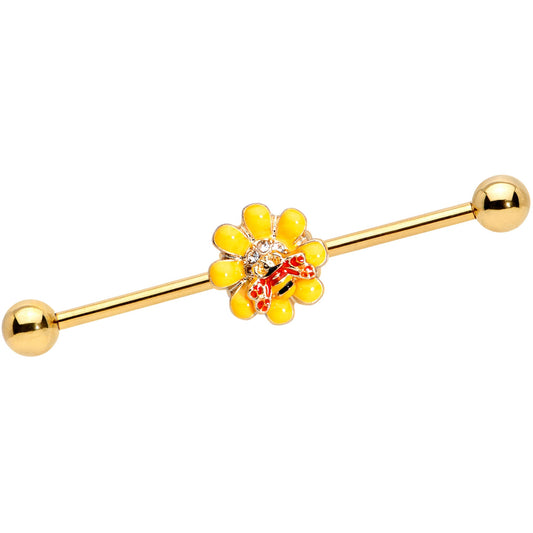 14G Clear Gem Gold Tone Yellow Bee Flower Industrial Barbell 38mm