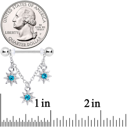 14G 1/2 Aqua Gem Trio Stars Chain Dangle Nipple Ring Set