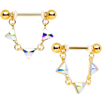 14G 3/4 Aurora Gem Gold Tone Triangle Dangle Nipple Ring Set