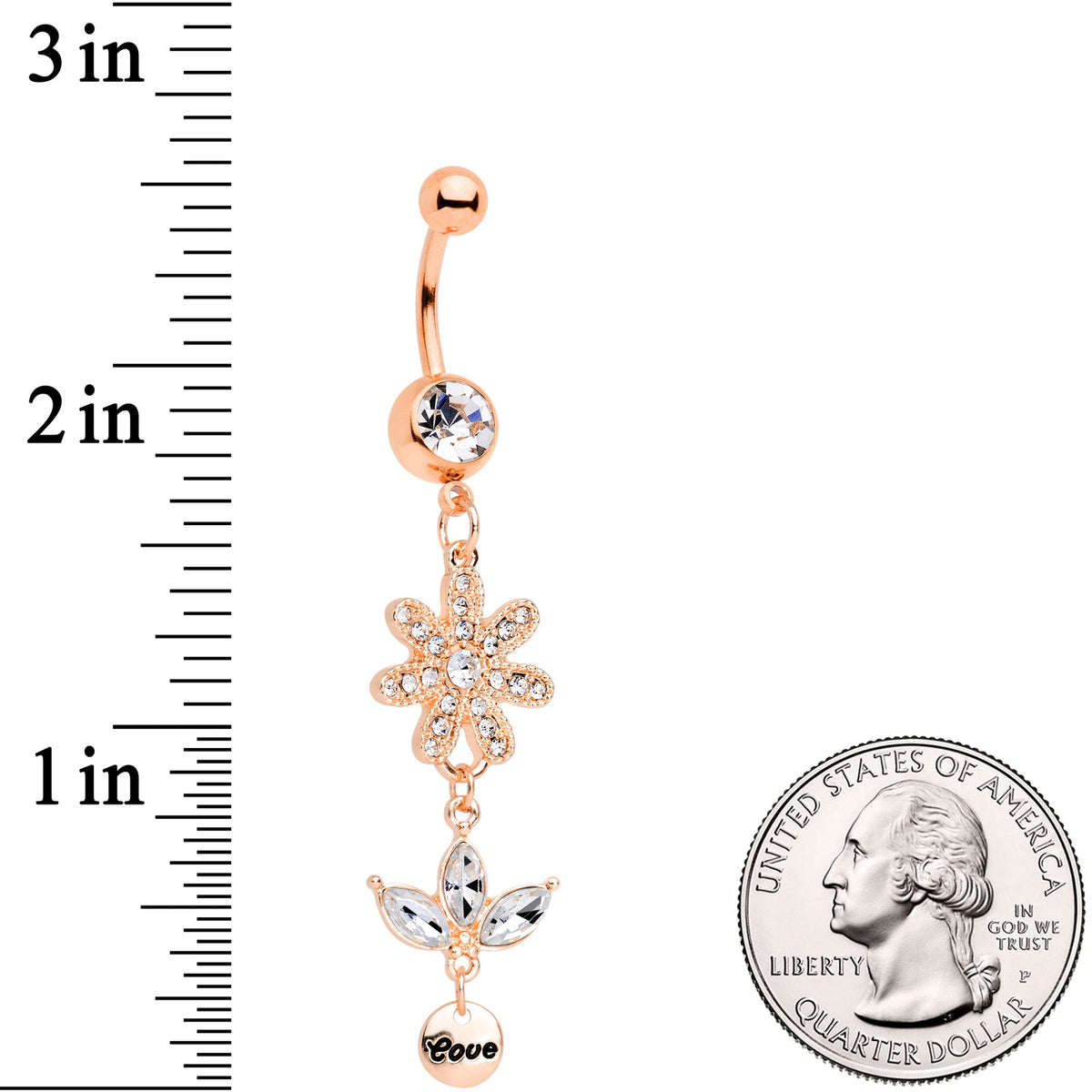 Clear Gem Rose Gold Tone Flower Leaves Love Dangle Belly Ring