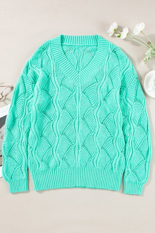 Hollow-Out Knit V-Neck Drop Shoulder Sweater