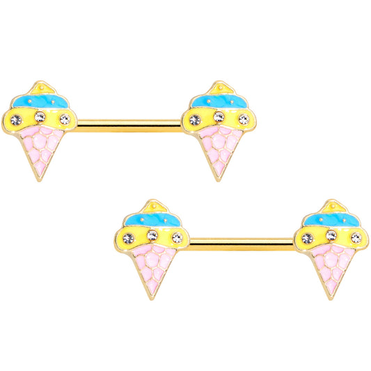 14G 9/16 Clear Gem Gold Tone Ice Cream Cone Nipple Ring Set