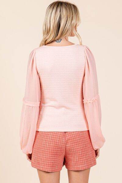 Mittoshop Mixed Media Textured Knit Chiffon Long Sleeve Top
